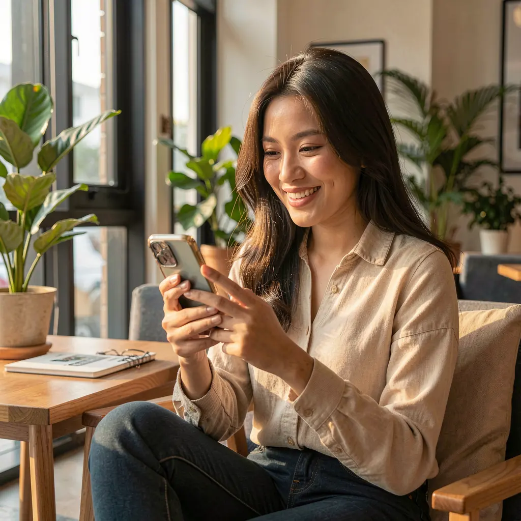 RMKING88 App – Enjoy smooth and user friendly casino gaming on your mobile Smiling Malaysian woman browsing casino games on the RMKING88 mobile app while sitting in a bright modern room
