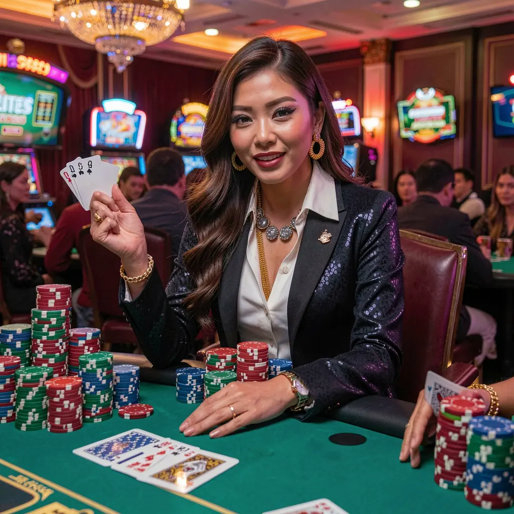 Seorang wanita glamor dalam gaun merah berkilauan bermain mesin slot bercahaya dengan simbol jackpot dan syiling berterbangan di kasino RMKING88 di Malaysia RMKING88 – Temui hiburan kasino langsung premium di Malaysia