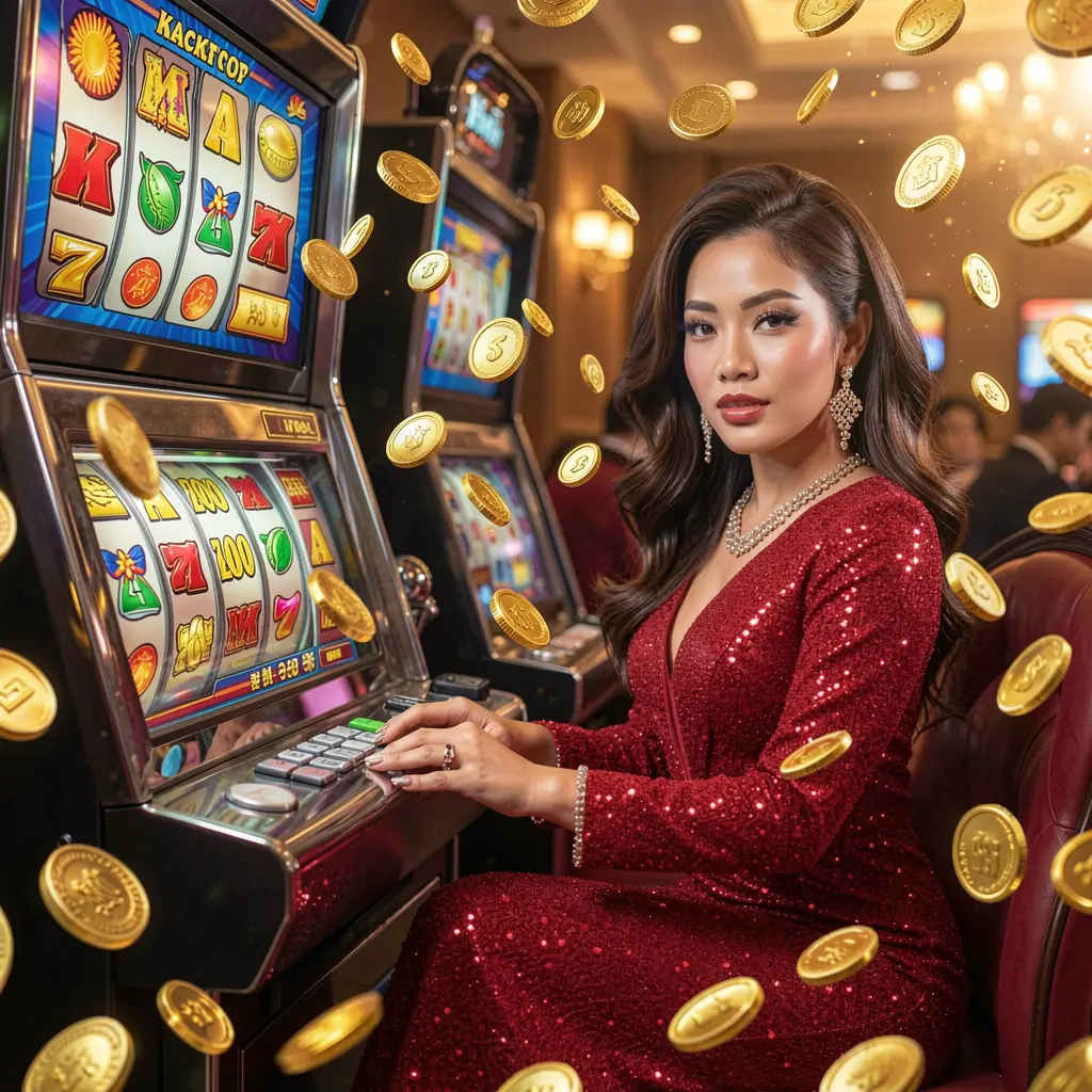 RMKING88 – Experience high class slot gaming excitement in Malaysia A glamorous woman in a sparkling red dress playing a glowing slot machine with jackpot symbols and flying coins at RMKING88 casino in Malaysia